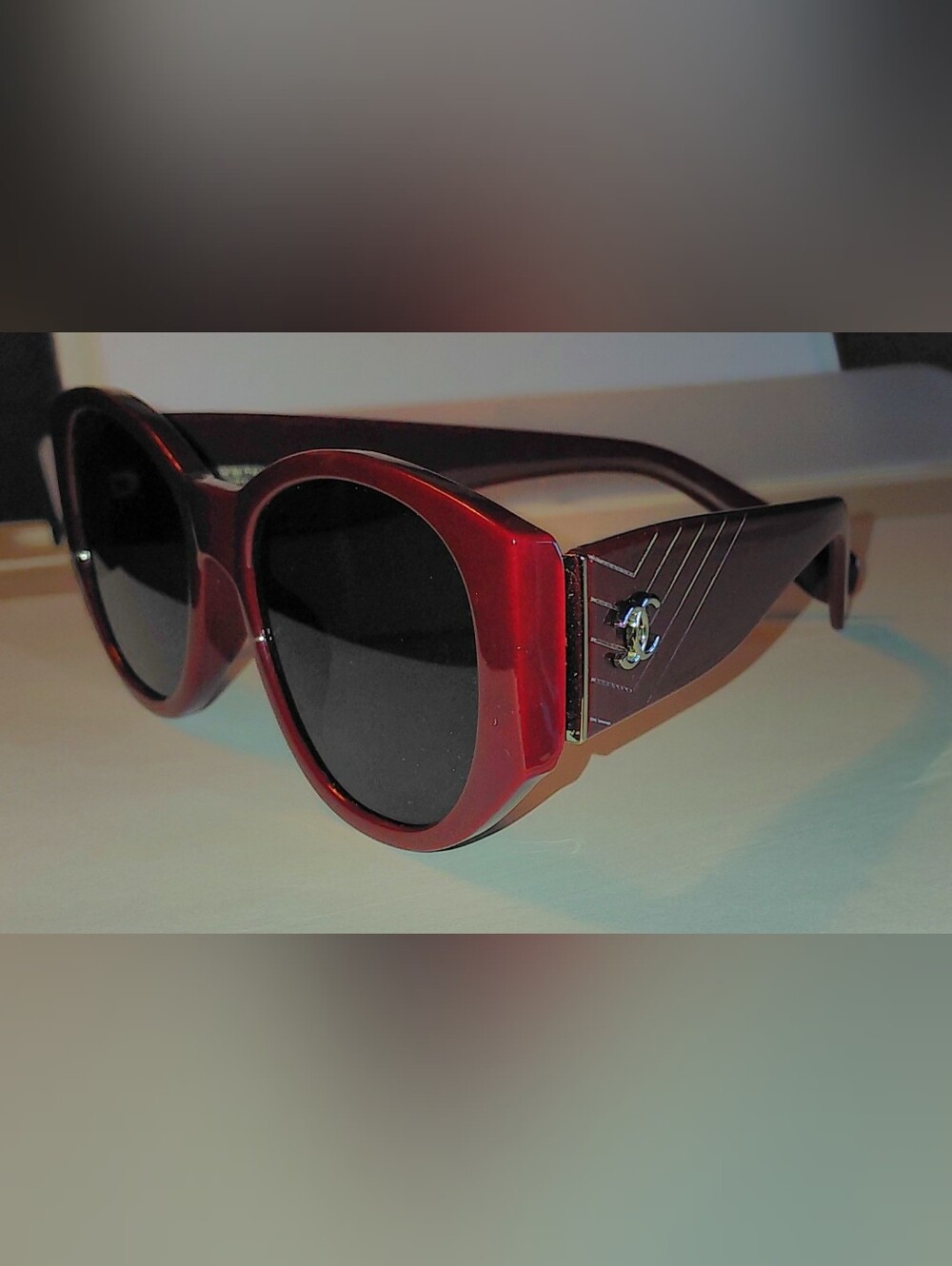 NEW CHANEL Burgundy Round/oval Sunglasses with CC Temple Accent + Case